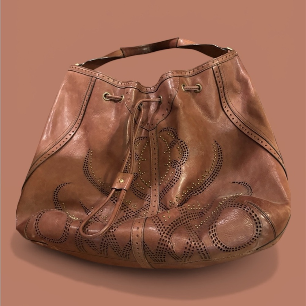 Cole Haan Chestnut Brown Perforated Leather Drawstring Tote